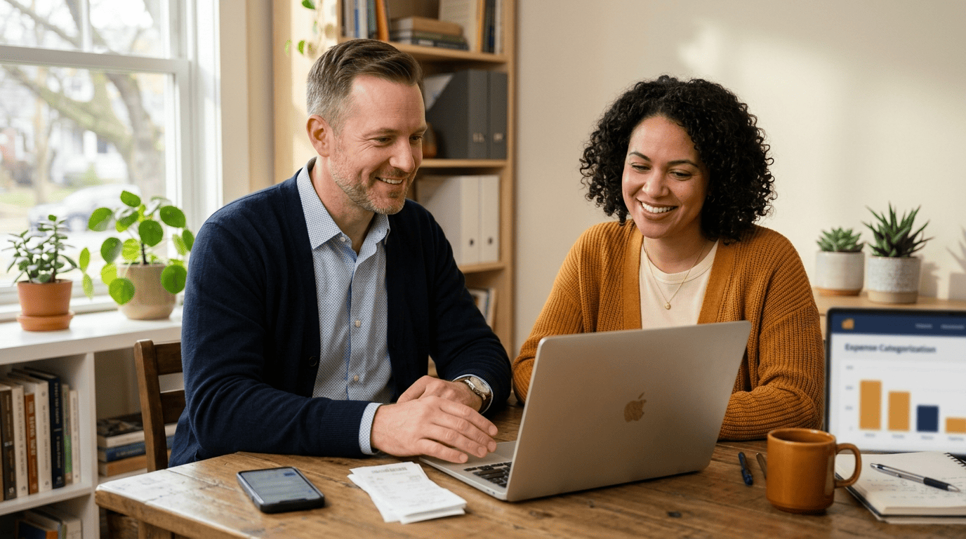 A friendly accountant helper and a small-business owner reviewing an expense dashboard on a laptop