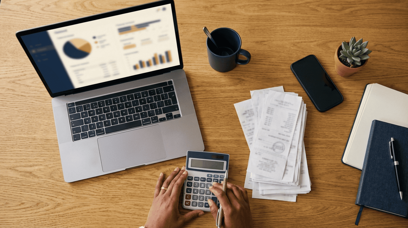 Overhead view of a desk with a laptop dashboard, receipts, a calculator and a phone for bookkeeping