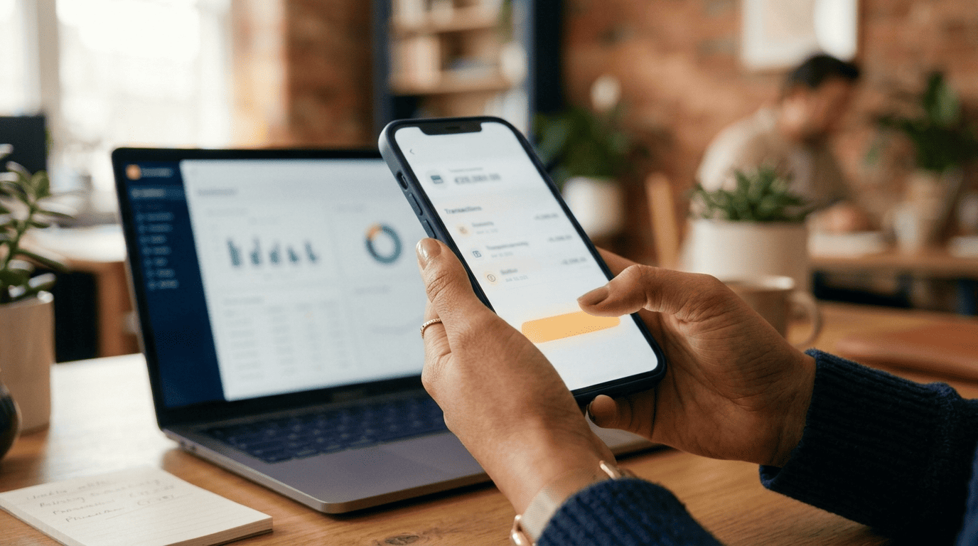 Hands approving a suggested accounting entry on a smartphone app