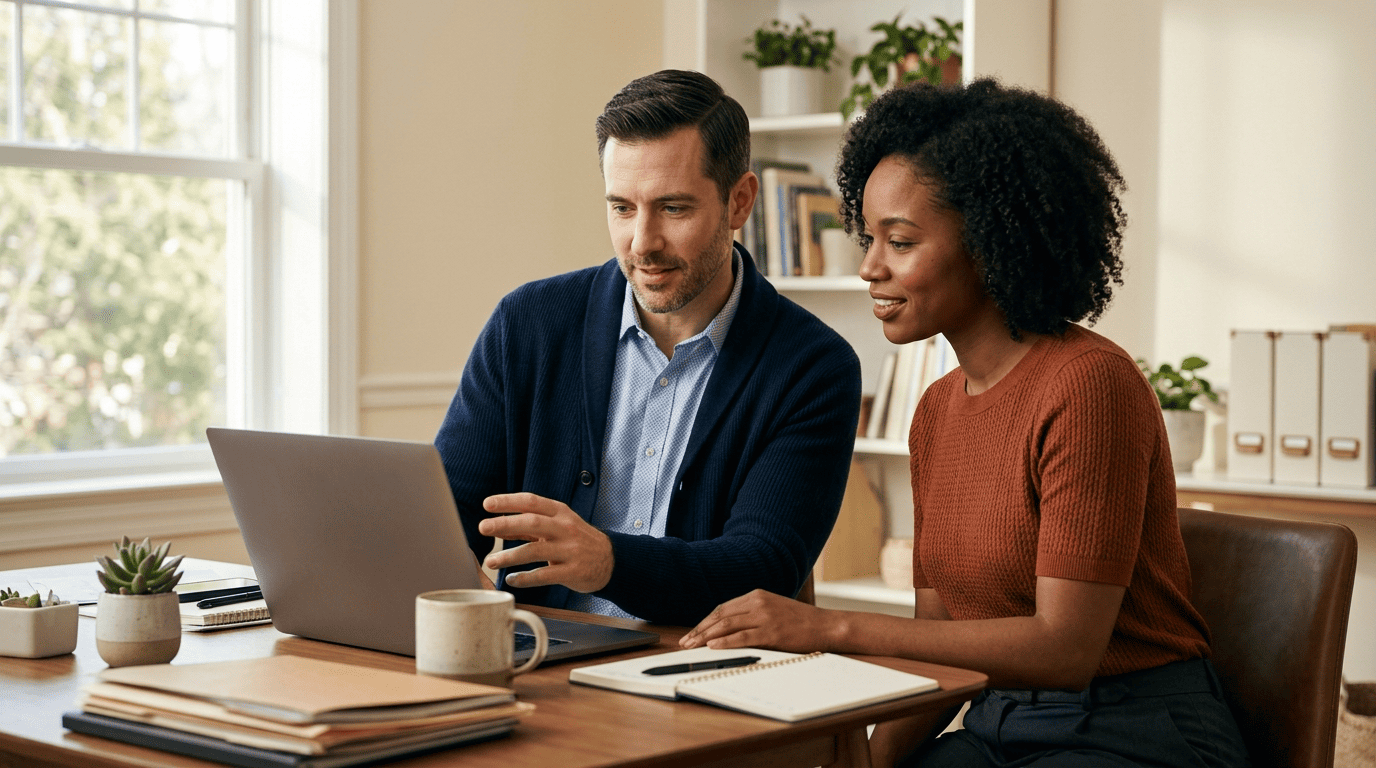 An accountant helper and a business owner reviewing flagged transactions on a laptop together