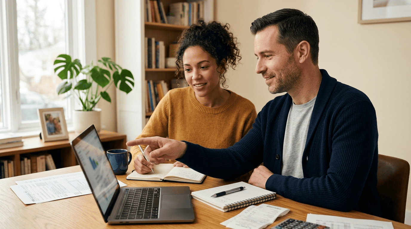 A friendly accountant helper explains tax paperwork to a small-business owner at a home-office laptop