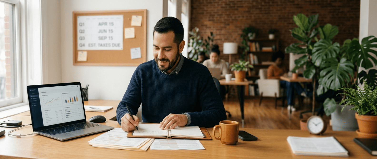 A freelancer plans quarterly estimated tax dates with 1099 forms at a co-working desk