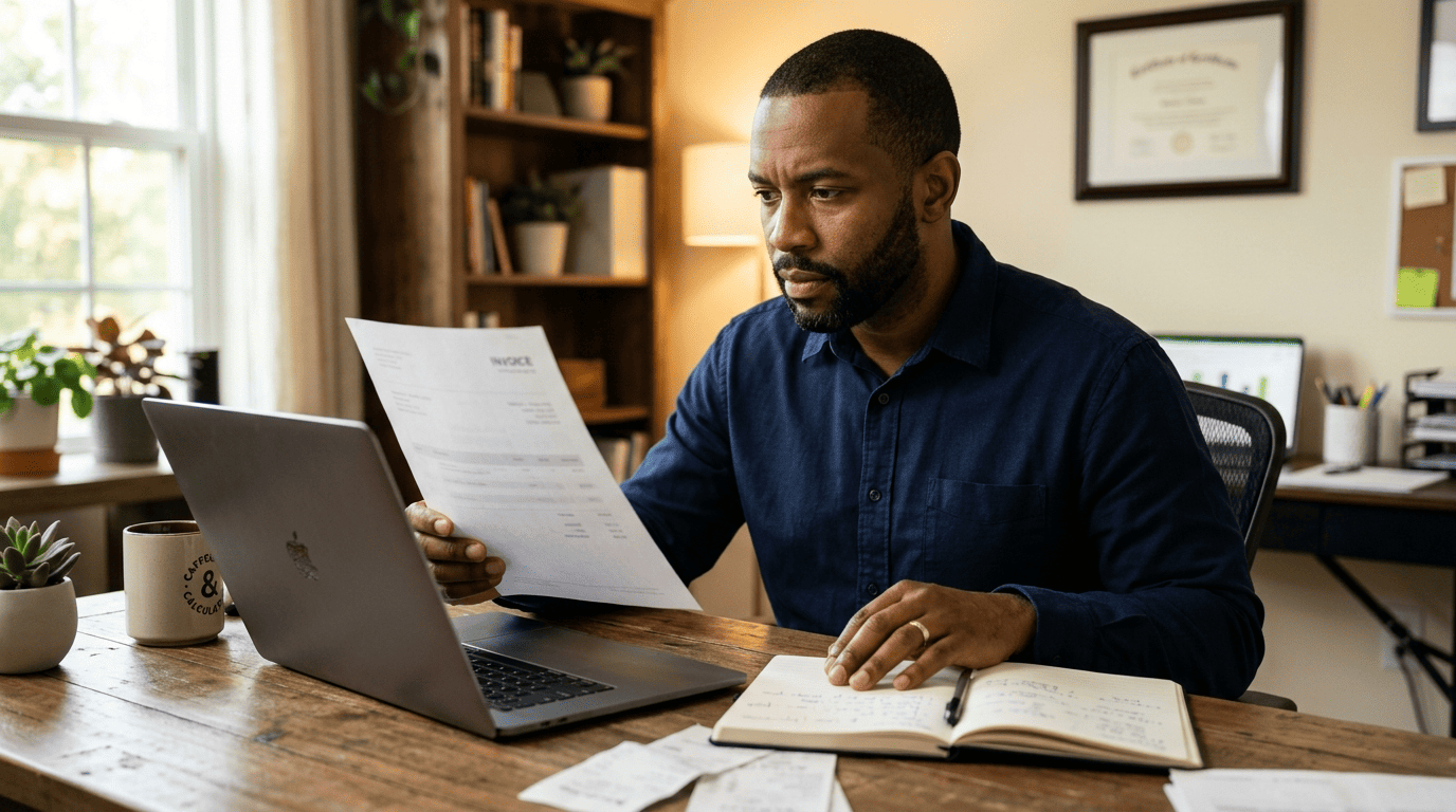A small-business owner carefully double-checks a document against a laptop