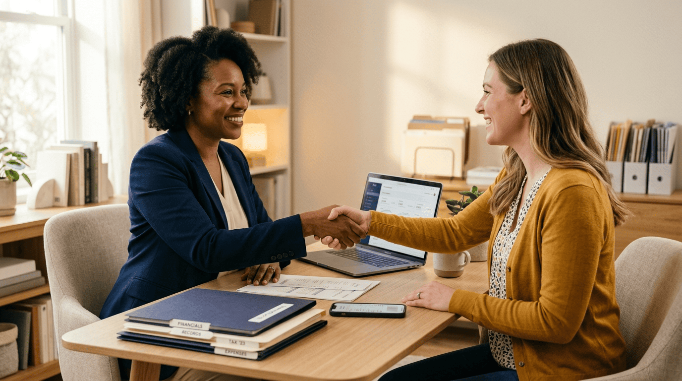 A small-business owner shakes hands with a licensed CPA across a desk of organized records