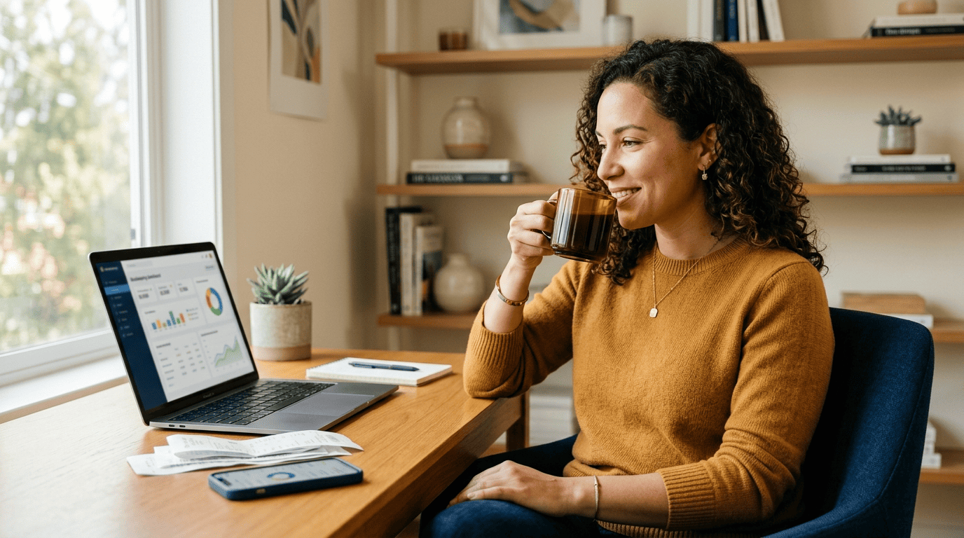 Freelancer relaxing at a home-office desk while accounting software handles her bookkeeping