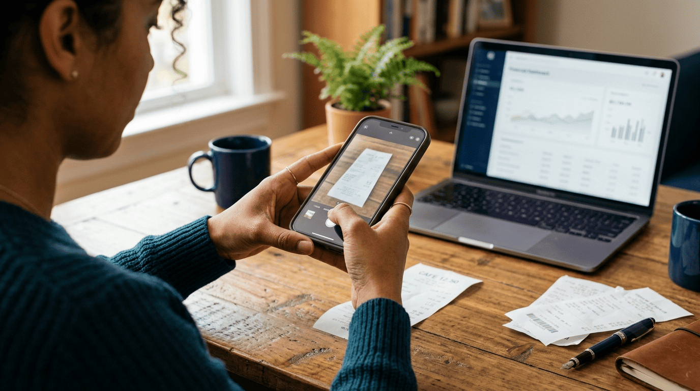 Freelancer photographing a paper receipt with a phone app that reads and files it automatically