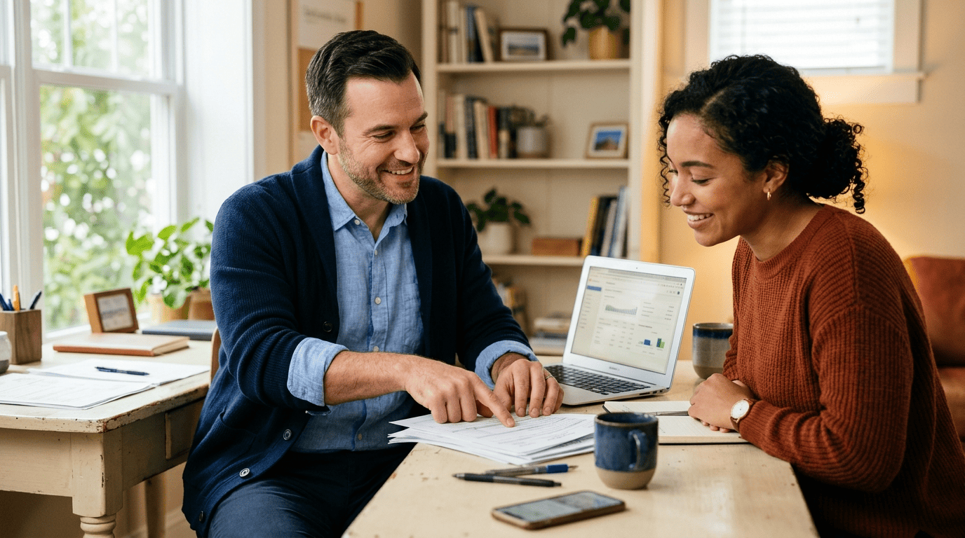 Friendly accountant explaining self-employment tax to a freelance client at a desk