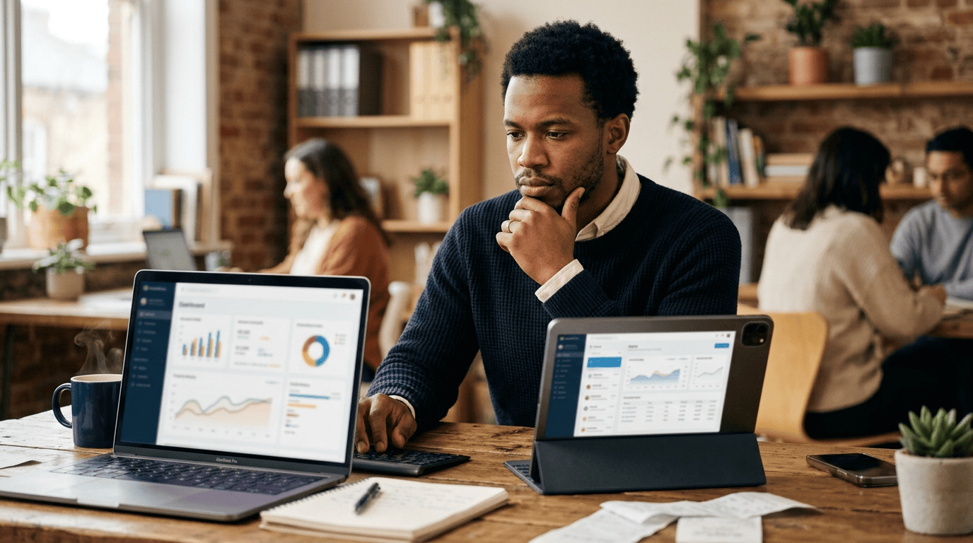 Freelancer comparing two accounting apps side by side on a laptop and tablet