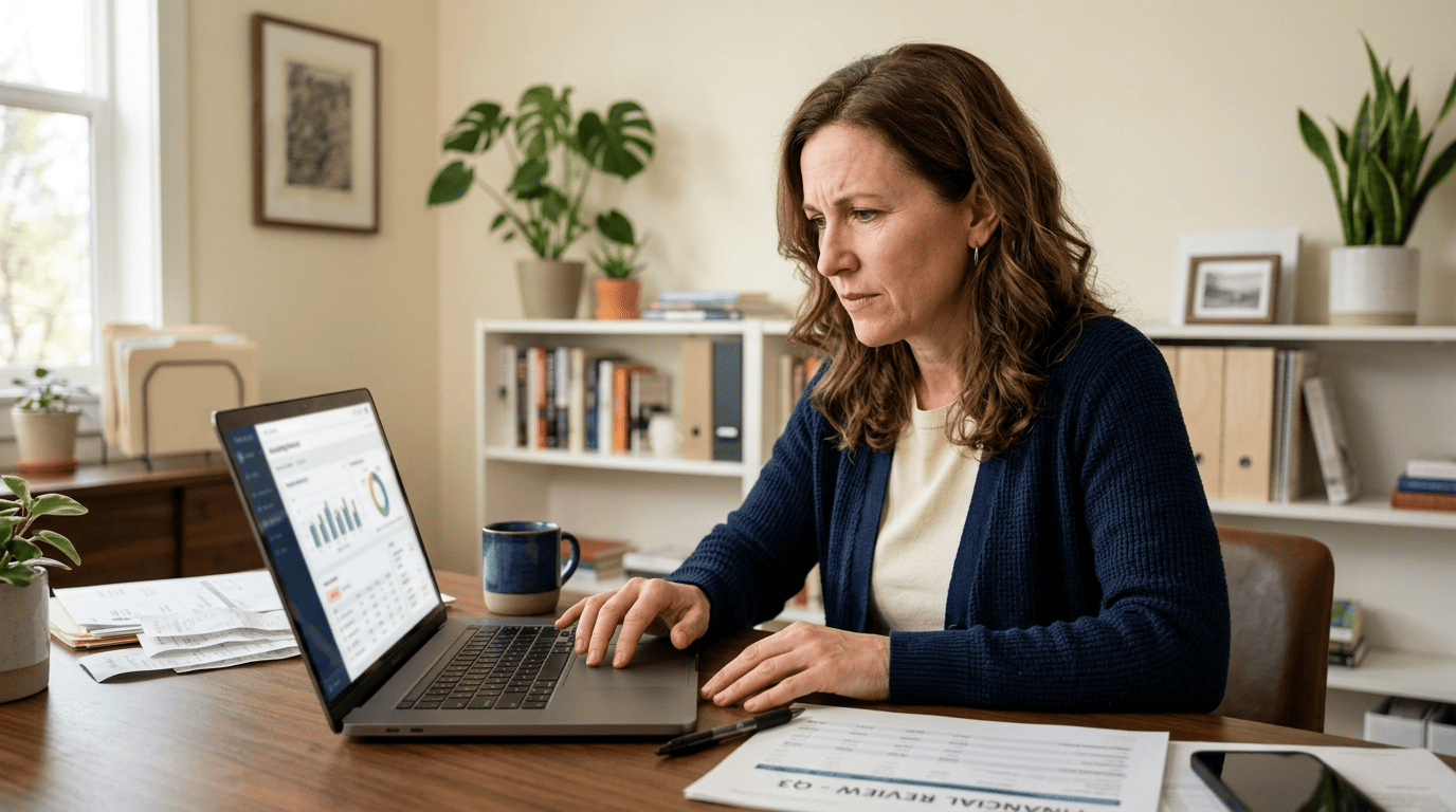 Freelancer carefully double-checking a flagged transaction in her accounting software