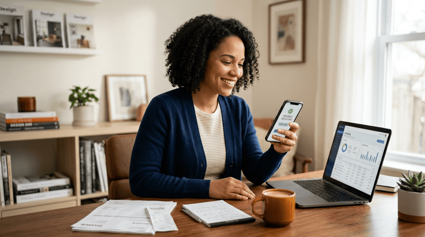 A freelancer at a home-office desk smiling at a payment-received notification on her phone, an invoicing dashboard on her laptop