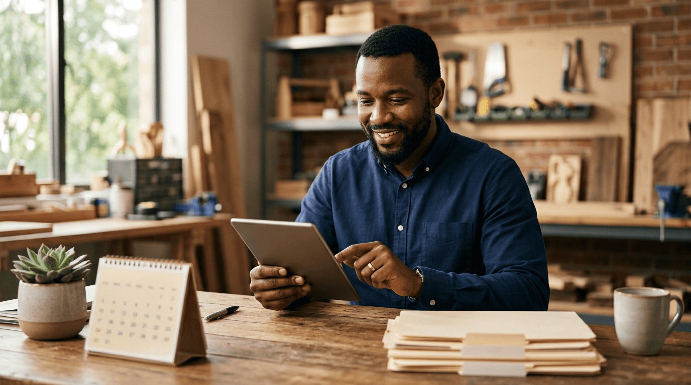 A small-business owner in a workshop sending an invoice from a tablet, with an organized calendar and folders beside him