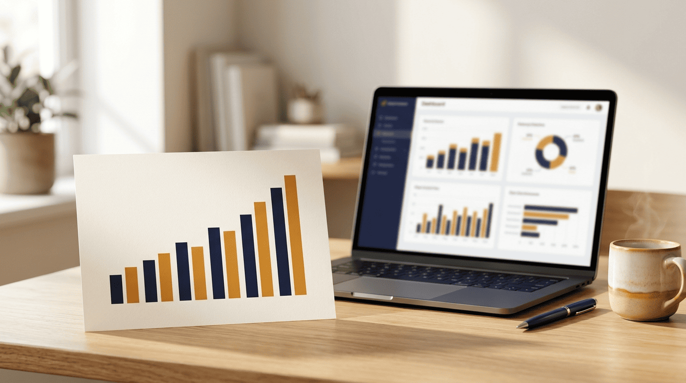 A printed upward-trending bar chart in navy and amber beside a laptop dashboard on a warm desk