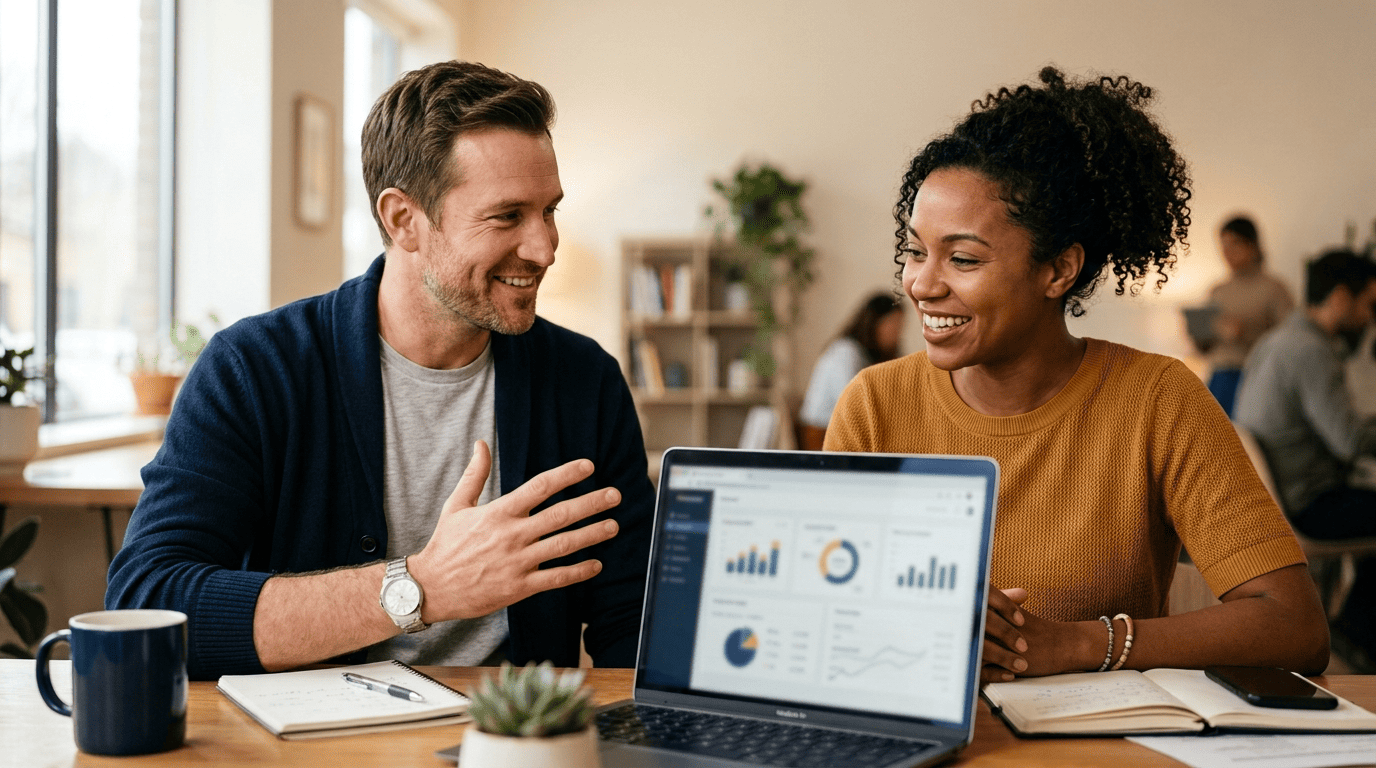 A friendly accountant helper reviewing a financial dashboard on a laptop together with a small-business owner