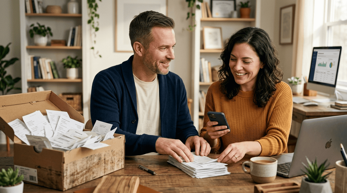 A small-business owner and a friendly accountant helper turning a box of paper receipts into organized records at a warm home-office desk