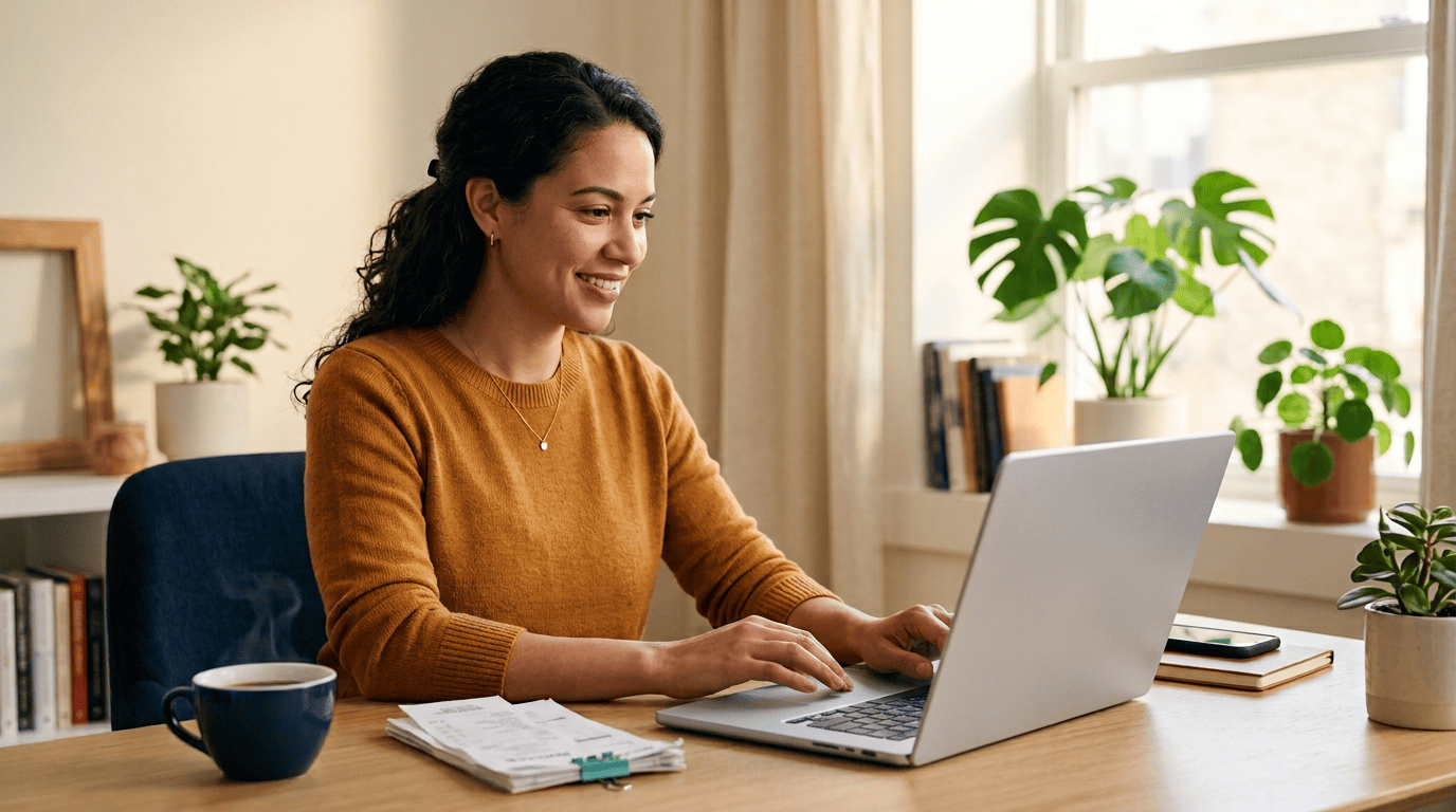Small-business owner reviewing categorized finances on a laptop at a warm home office desk