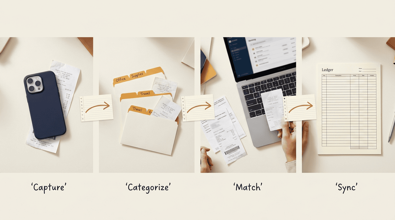 Four-step expense workflow laid out on a desk: capture, categorize, match, and sync