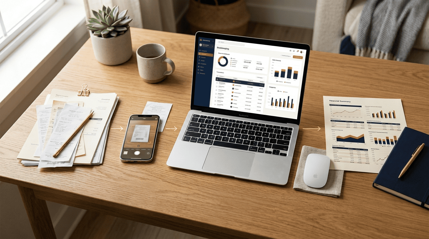 Left-to-right bookkeeping workflow: paper receipts, phone scanning a receipt, laptop dashboard, printed financial report
