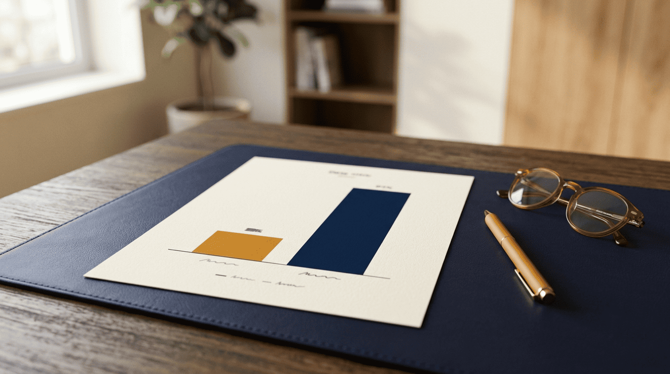Printed bar chart with a short amber bar and a much taller navy bar comparing error rate to accuracy