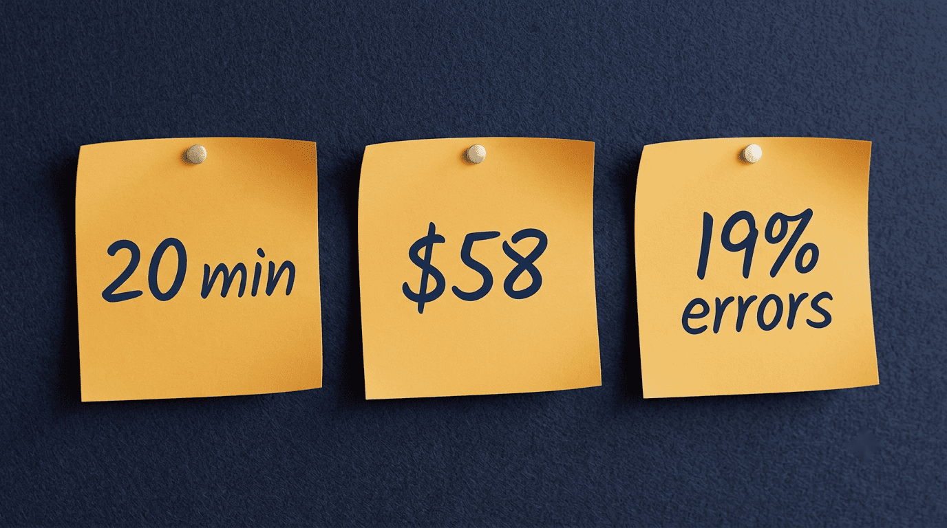 Three amber sticky notes reading 20 minutes, 58 dollars, and 19 percent errors for one manual expense report