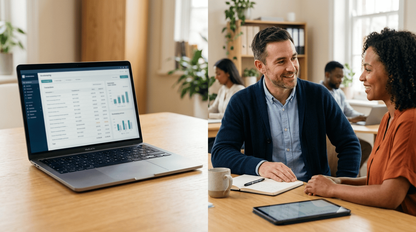 Split image: a laptop auto-processing transactions on the left, an accountant advising a client on the right