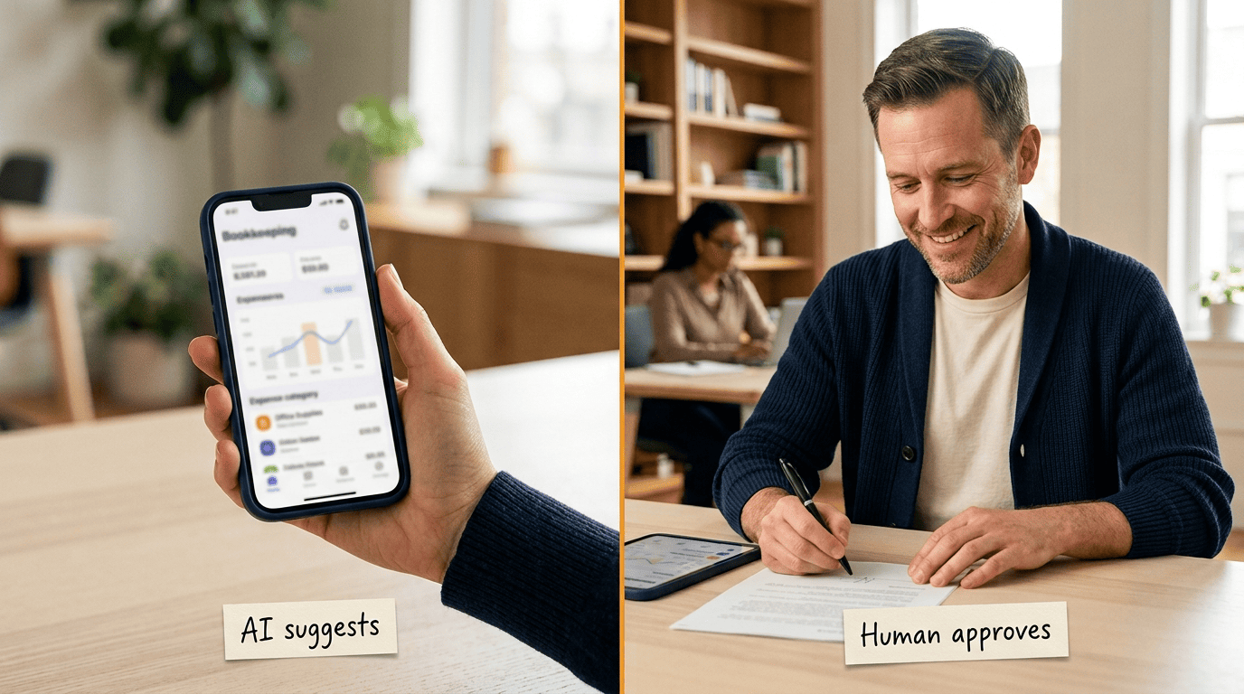 Split image: a phone showing an AI-suggested expense category on the left, an accountant approving it with a pen on the right