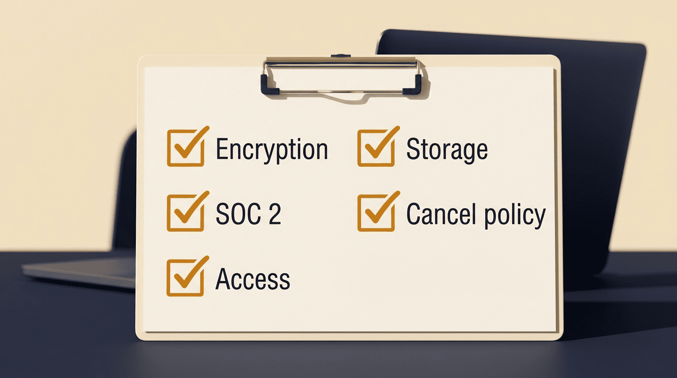 A checklist clipboard with five ticked items: encryption, SOC 2, access, storage, and cancellation policy