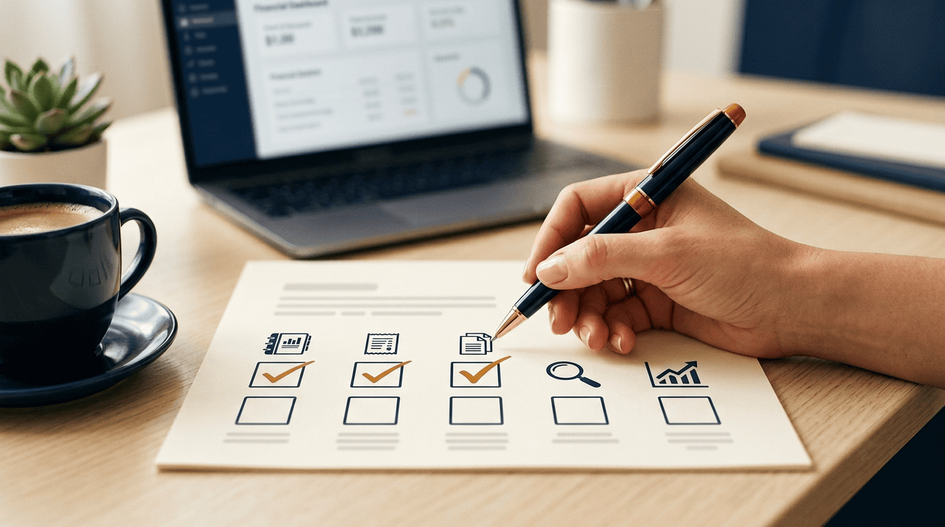 Hand ticking a five-step checklist for adopting AI bookkeeping on a home office desk