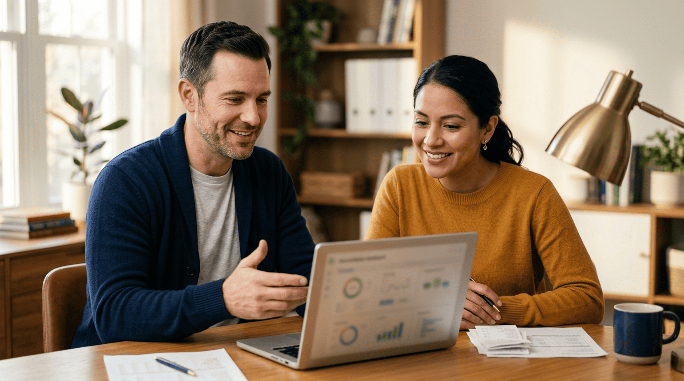 An accounting AI helper and a small-business owner review a reconciliation dashboard together at a home-office desk