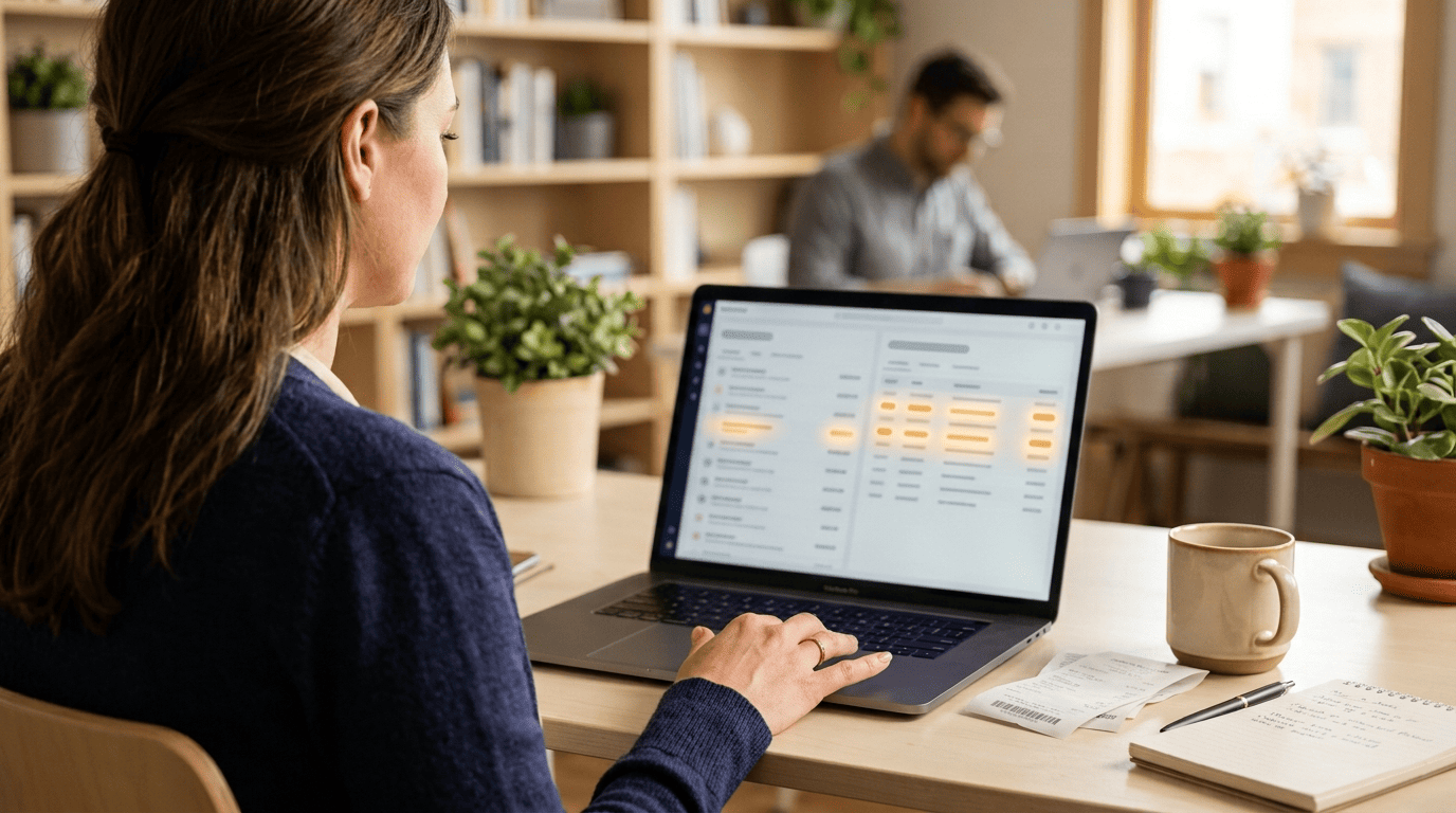 Bank statement feed and general ledger shown side by side on a laptop with matched rows highlighted in amber