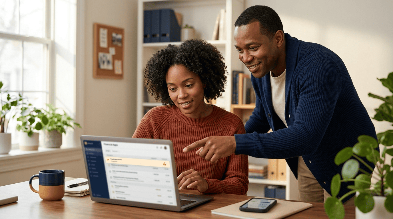 A small-business owner and the accounting helper spot a flagged transaction highlighted on a laptop screen