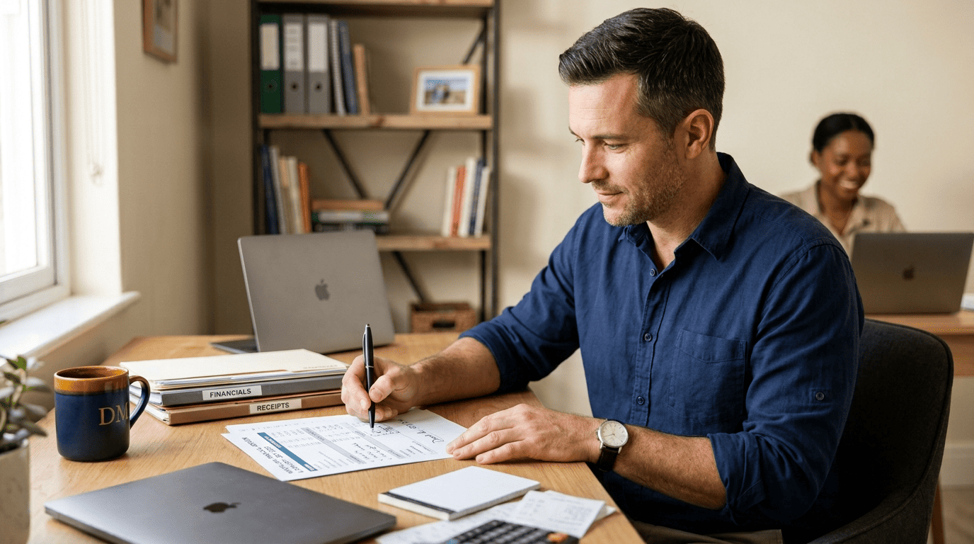 The accounting helper reviews and approves the month's figures on a paper checklist at his desk