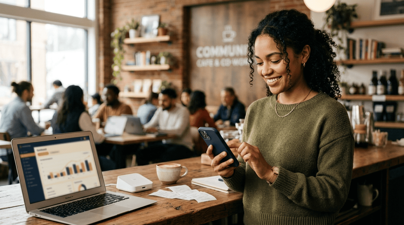 A freelance cafe owner checks a bookkeeping app on her phone at a co-working counter