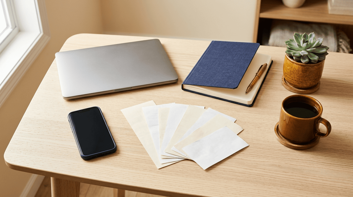 A tidy small-business desk with a closed laptop, phone, paper receipts and a notebook
