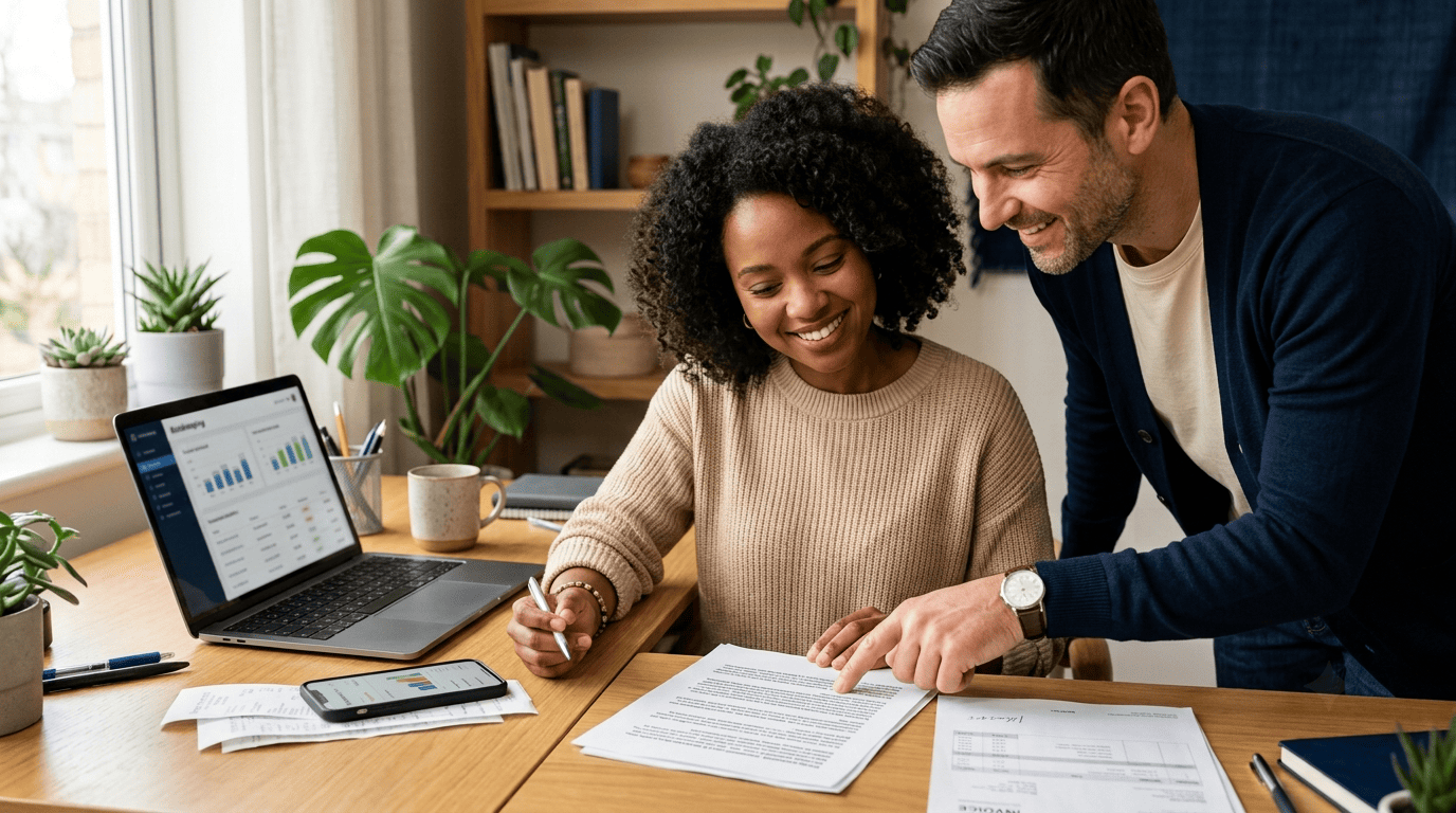 A small-business owner and a friendly accountant reviewing the books together at a home-office desk with a laptop bookkeeping dashboard