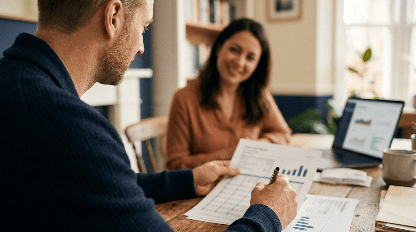 An accountant reviewing a printed financial report with a small-business owner at a home-office desk