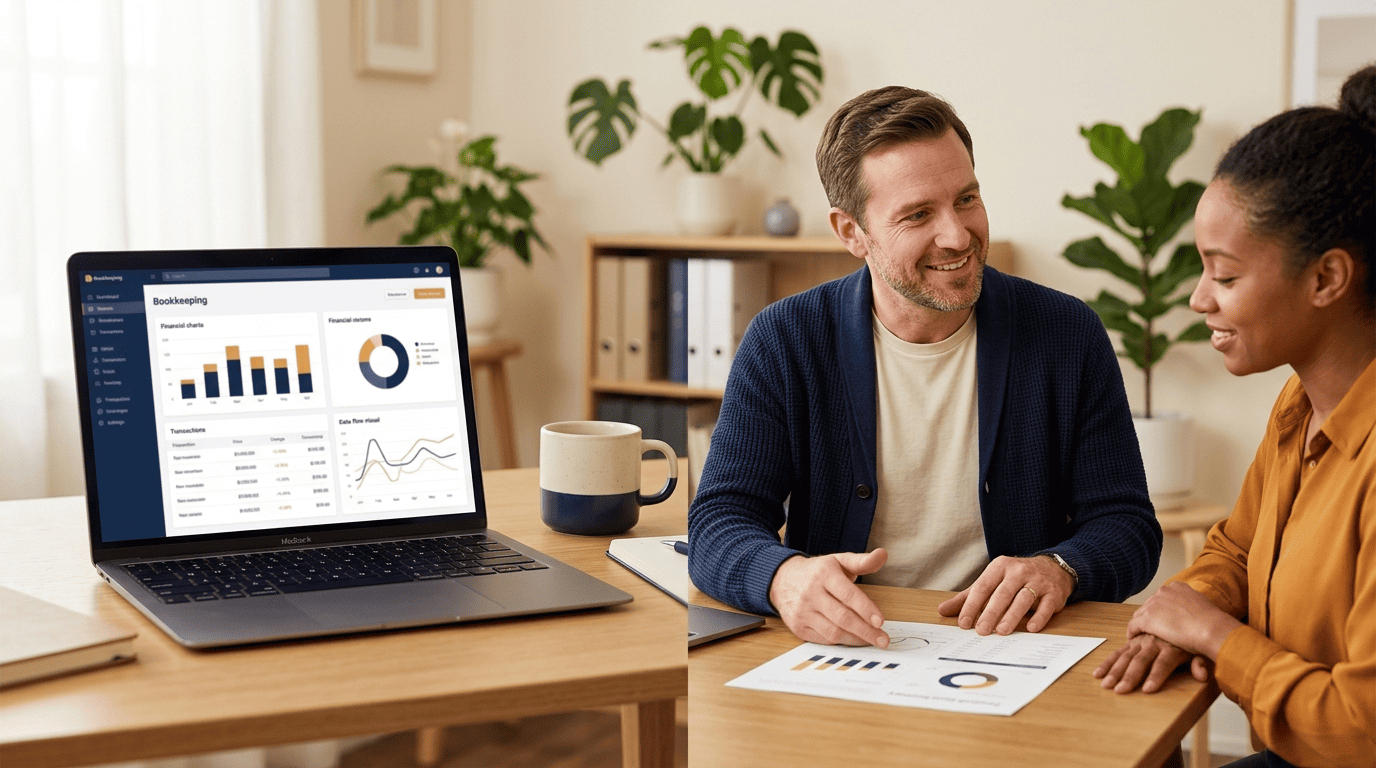 Split scene: a laptop auto-categorizing transactions on one side and an accountant advising a small-business owner on the other