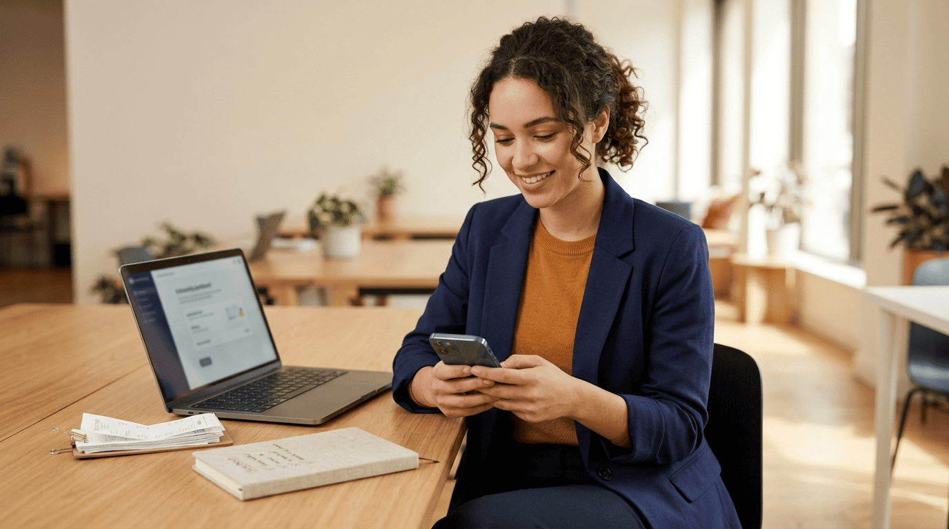 A freelancer setting up AI accounting on a phone at a tidy co-working desk with a laptop onboarding screen and sorted receipts