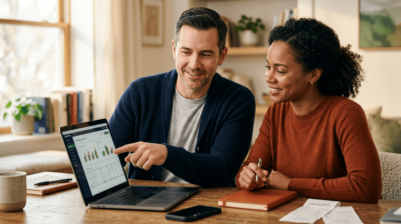 An accountant helper and a small-business owner reviewing an out-of-focus bookkeeping dashboard together on a laptop