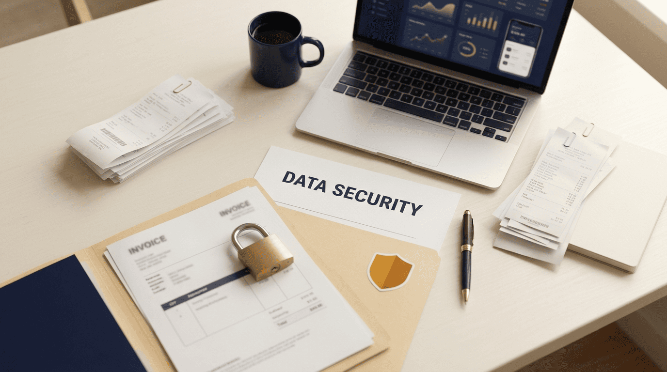 A desk with a locked folder of invoices, a security shield, and a document headed Data Security