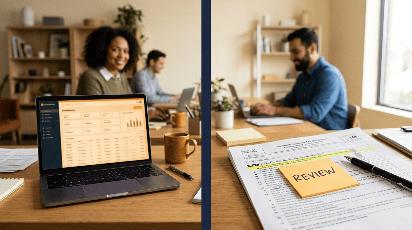 A split view: an organized transactions dashboard on one side, a tax document flagged with a Review sticky note on the other