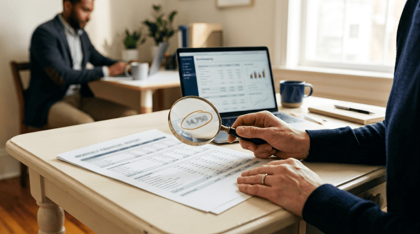A magnifying glass over a printed financial report with one figure circled in amber, catching a hidden error