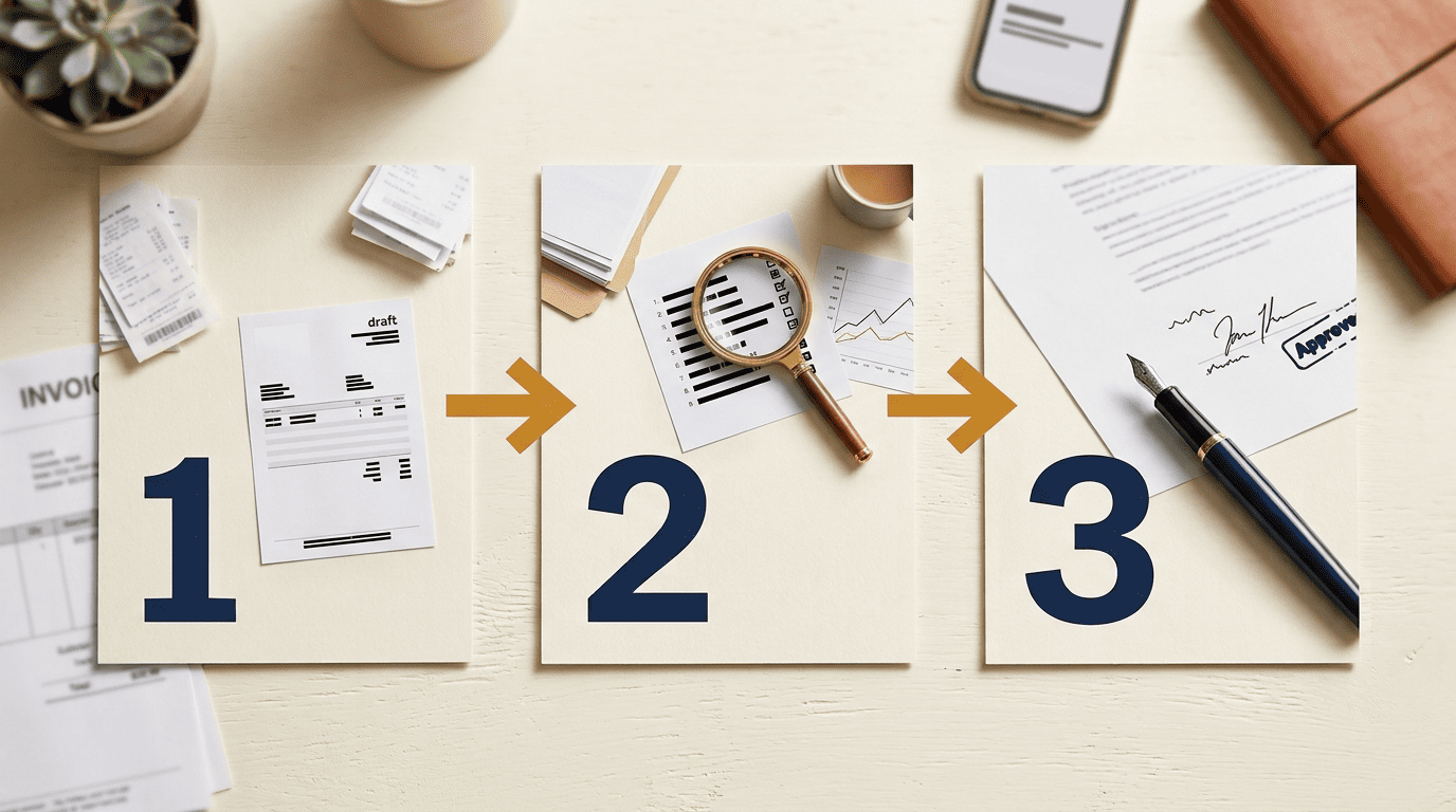 A three-step review workflow: a draft document, a magnifying glass over a checklist, and a pen signing off