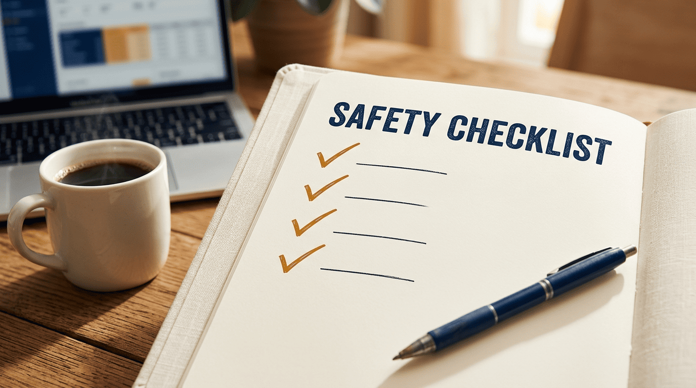 An open notebook headed Safety Checklist with amber checkmarks beside a laptop and coffee