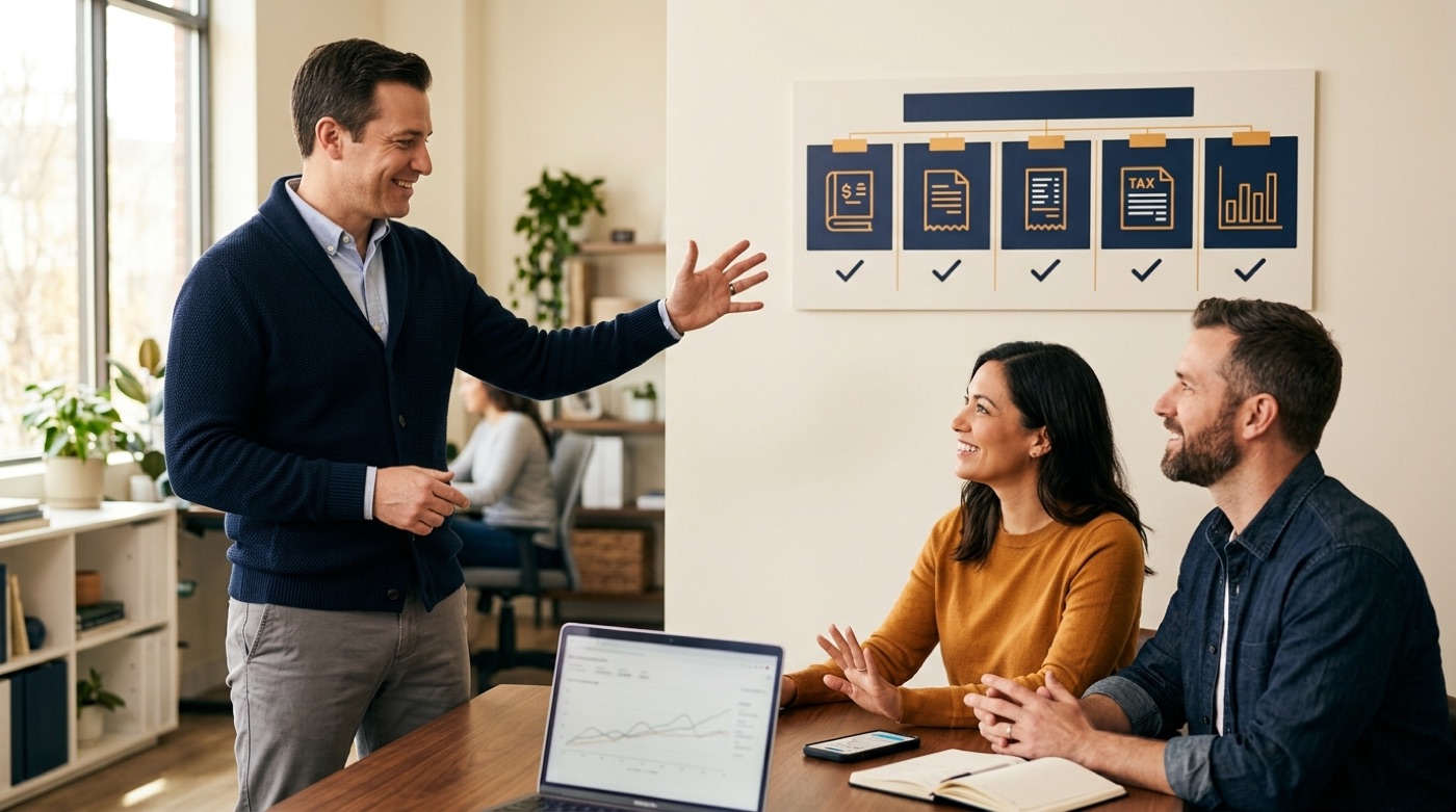 Infographic checklist of accounting tasks an AI can handle: bookkeeping, invoicing, expenses, taxes, reports