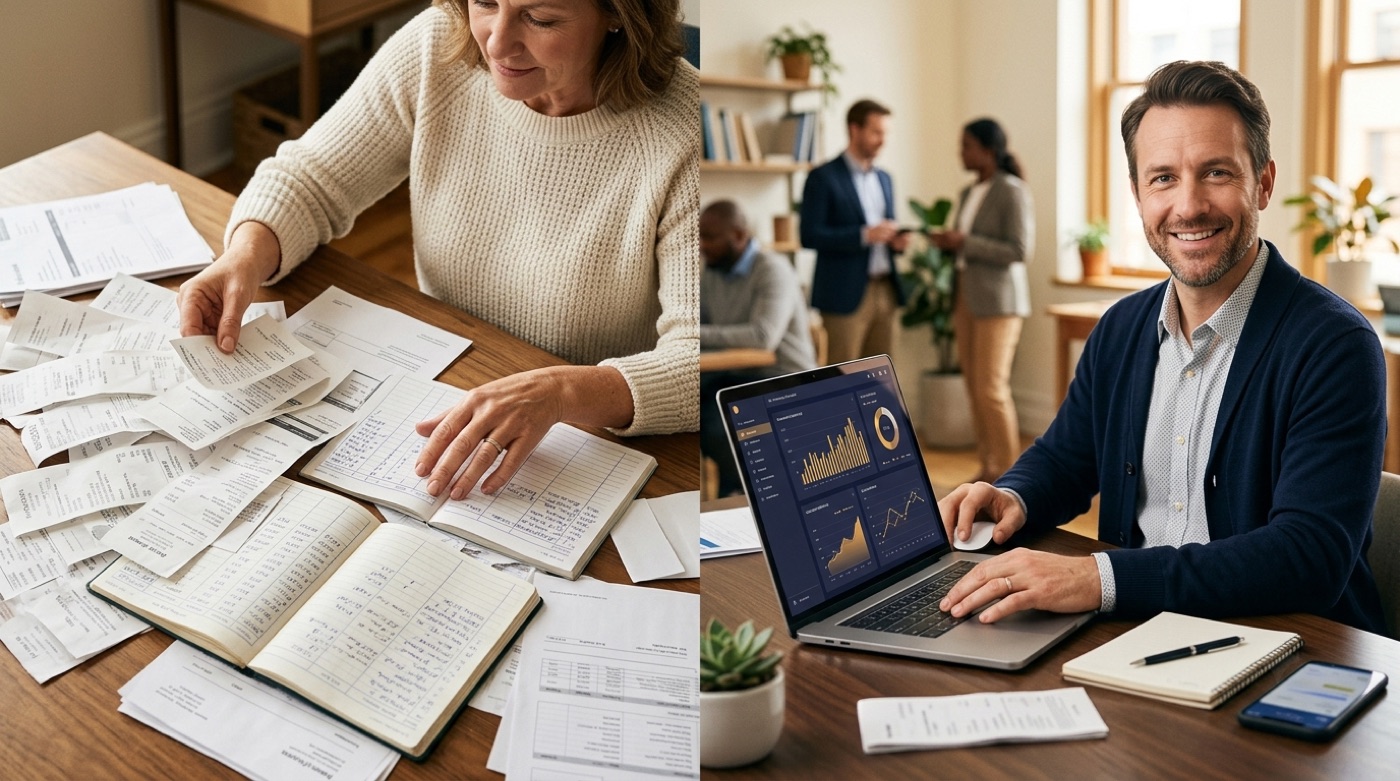 Split scene comparing manual paper bookkeeping with a tidy automated AI dashboard