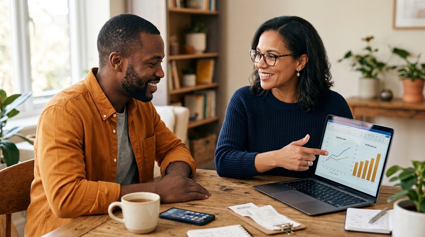 A person reviewing a simple financial dashboard while an assistant highlights the key numbers