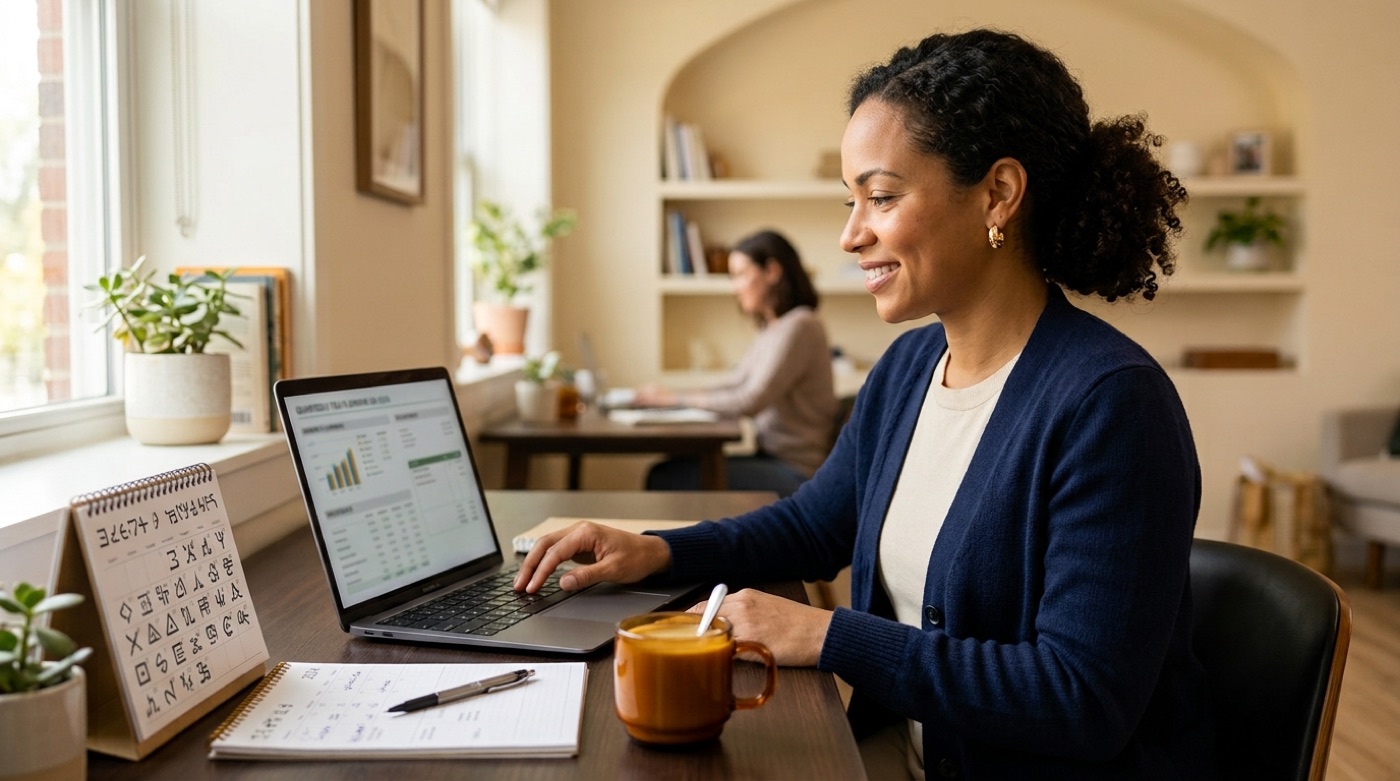 A small-business owner reviewing a tax-summary and cost breakdown on a laptop with receipts on the desk