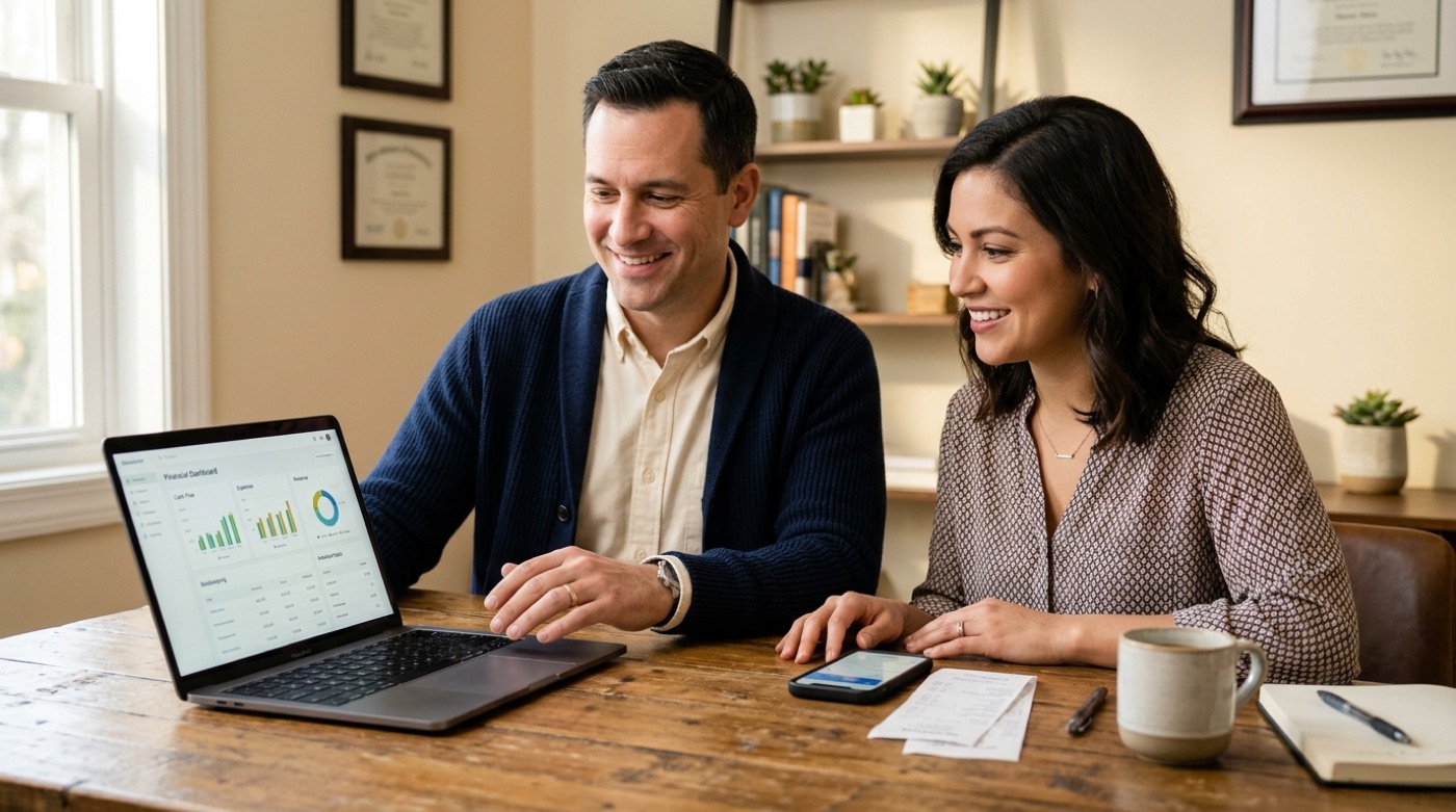 A friendly accounting helper and a small-business owner looking at a simple cash-flow and expense dashboard on a laptop