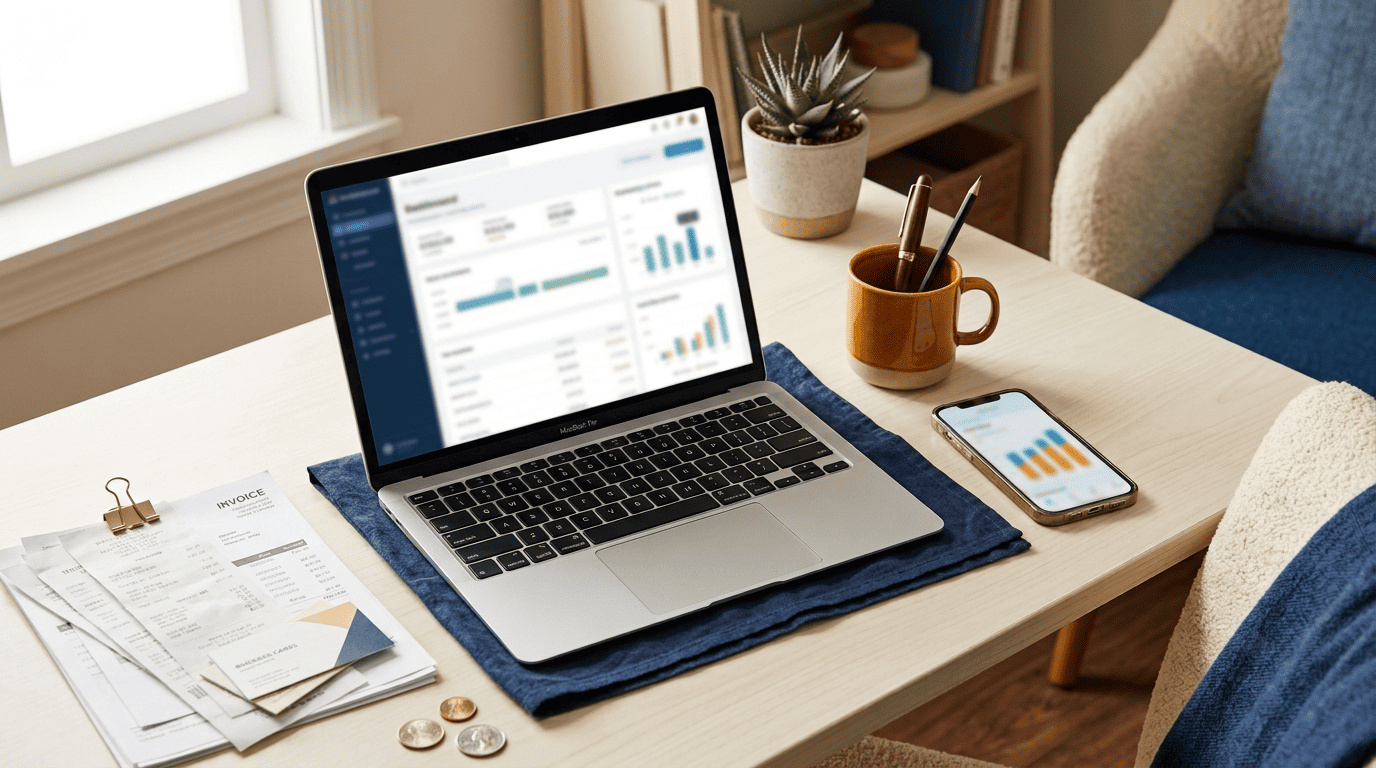 A desk showing financial data moving from paper receipts to a laptop dashboard to a phone chart