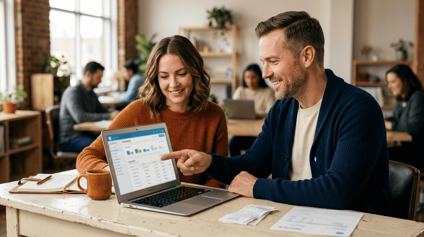 An accountant and a small-business owner reviewing categorized transactions together on a laptop